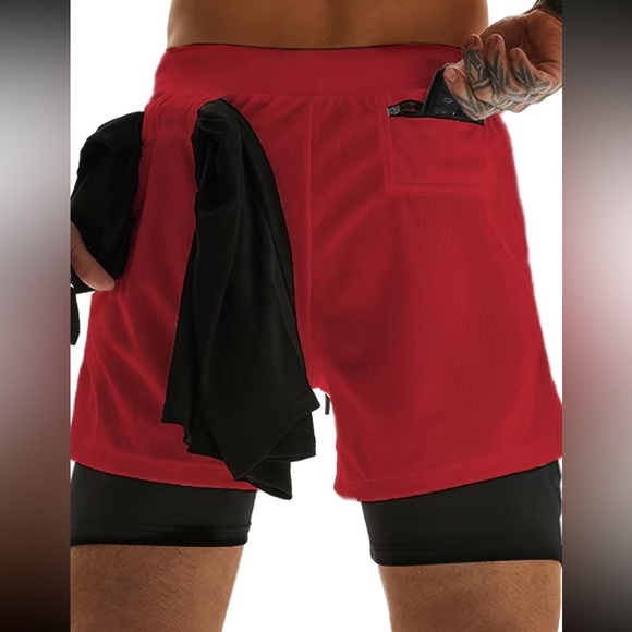Men double layer gym workout shorts with inner pocket - Picture 2 of 16